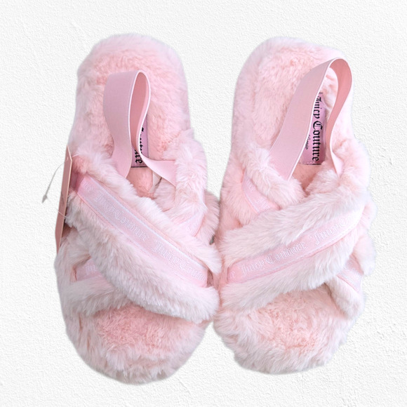 Juicy Couture Pink Faux Fur Slippers Size 8 Crisscross Fluffy Lounge Sandals - Picture 2 of 13